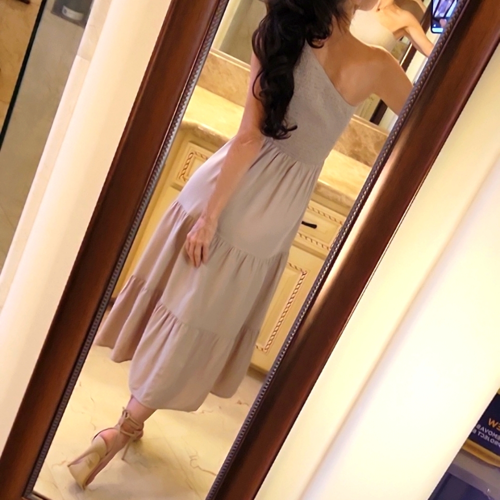 BTFBM Taupe One-shoulder Ruched Top & Flowy Tiered Bottom Summer Dress, S - Picture 11 of 14